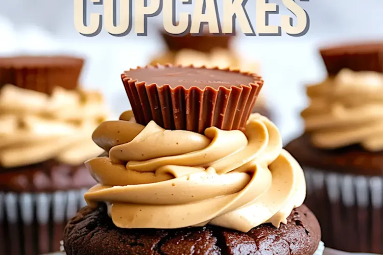 Single chocolate and peanut butter cupcake on a blue plate, topped with thick peanut butter frosting and a Reese’s cup, representing chocolate cupcake ideas and peanut butter muffins recipes with rich chocolate cupcake frosting.
