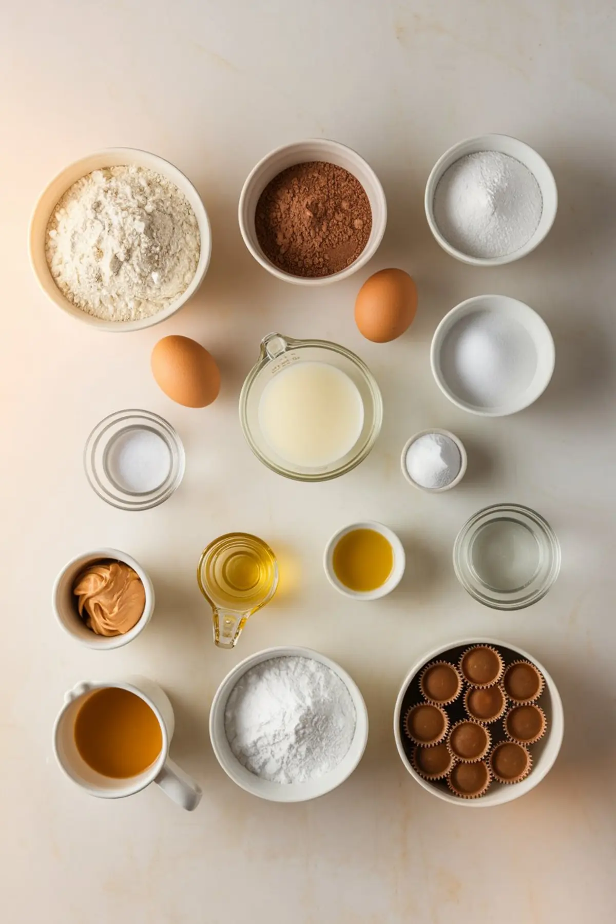 Flat lay of baking ingredients for chocolate peanut butter muffins, including flour, cocoa powder, sugar, baking powder, eggs, milk, peanut butter, oil, and mini Reese’s cups, showcasing essential elements for peanut butter muffins recipes and filled cupcake recipes.