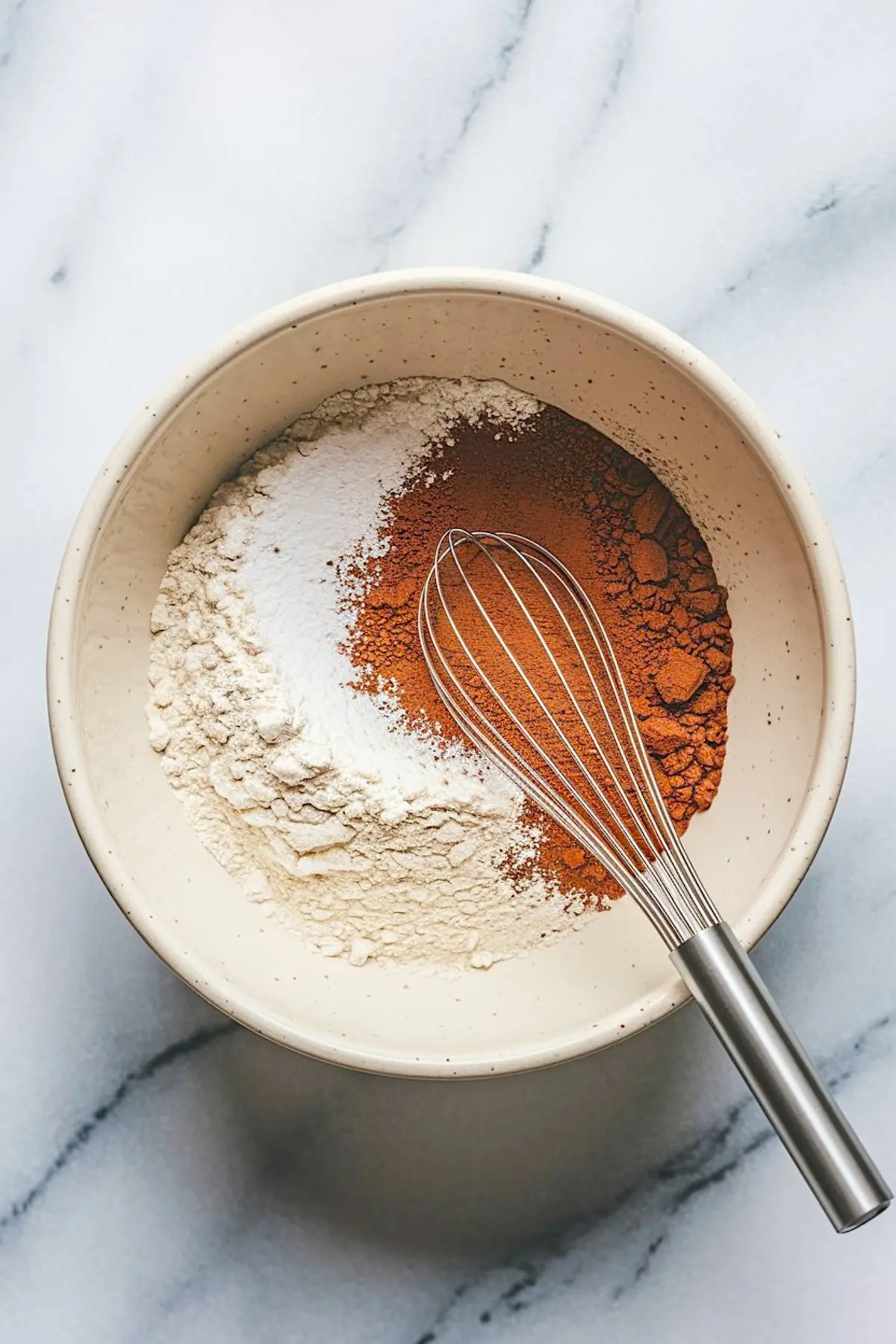 Bowl with dry ingredients for biscotti on a marble countertop. The bowl contains flour, cocoa powder, and baking powder, with a stainless steel whisk resting on top.