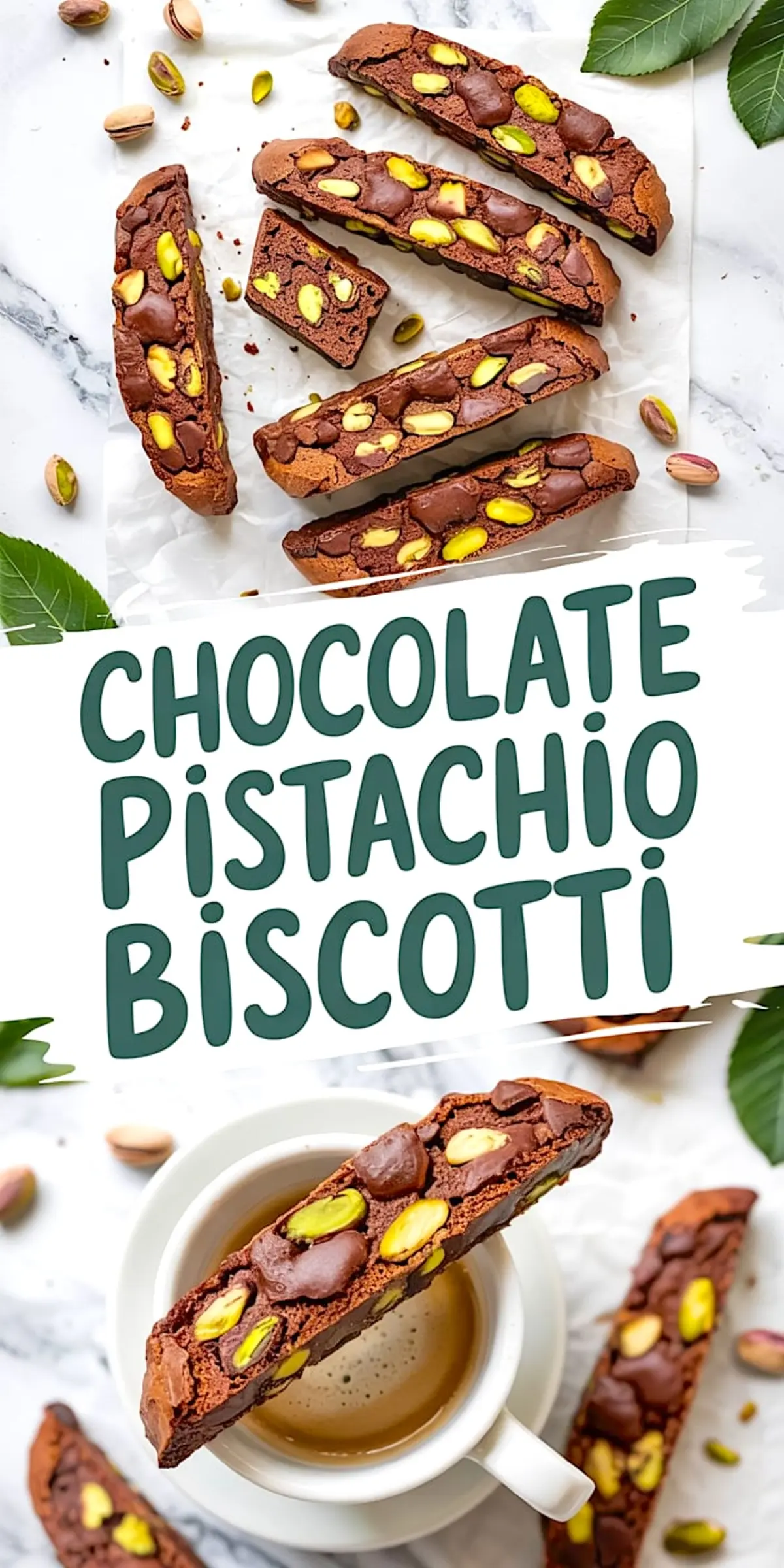Collage of chocolate pistachio biscotti arranged on parchment paper and served with espresso in a white cup. Text overlay “Chocolate Pistachio Biscotti” in bold green letters highlights the treat.