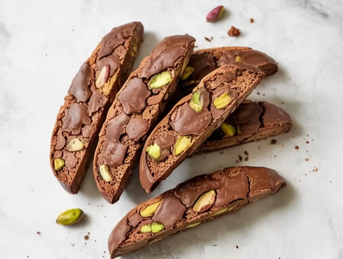Close-up of chocolate pistachio biscotti slices on a light marble surface. The biscotti have a rich chocolate color, glossy chocolate coating, and visible green pistachio nuts.