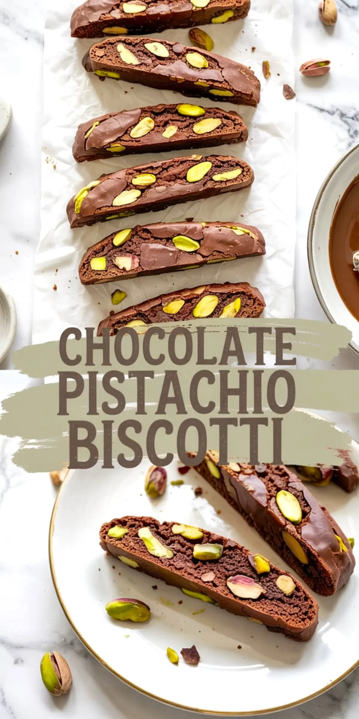 Top and bottom views of chocolate pistachio biscotti. The upper part shows neatly arranged biscotti slices on parchment paper with pistachio nuts. The lower part displays sliced biscotti on a white plate, with text overlay “Chocolate Pistachio Biscotti.”