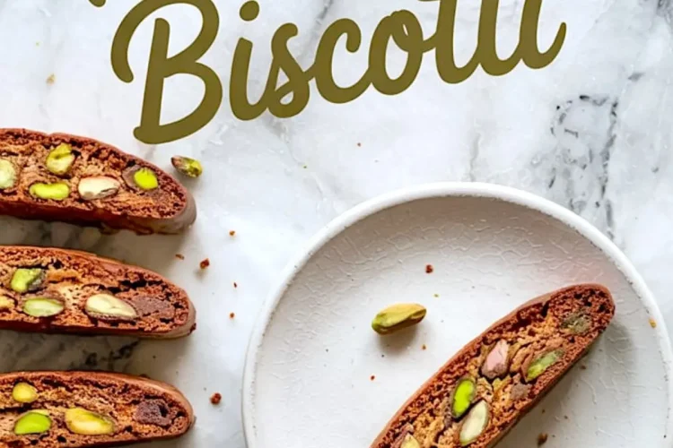 Chocolate pistachio biscotti slices arranged on marble background. The text “Pistachio Biscotti” is written above the cookies. A white plate with a single biscotti slice and scattered pistachios are placed beside.