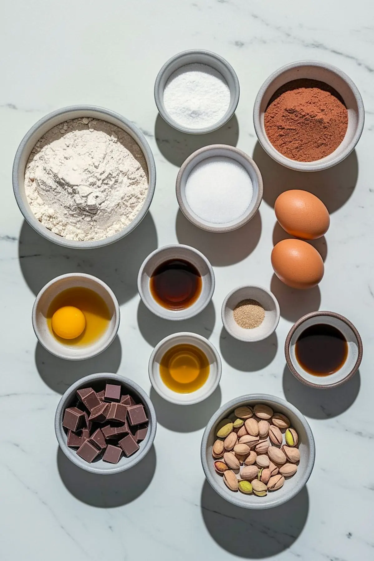 Flat lay of ingredients for chocolate pistachio biscotti. Includes flour, sugar, cocoa powder, baking powder, eggs, vanilla extract, olive oil, almond extract, pistachios, and dark chocolate chunks, all in individual small bowls on a marble surface.