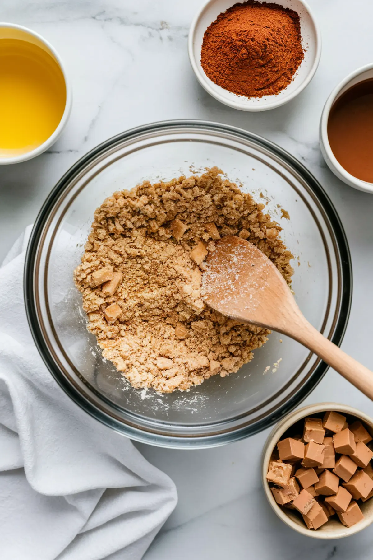Crumbly biscuit base mixture in a glass mixing bowl with a wooden spoon, surrounded by bowls of melted butter, cocoa powder, caramel cubes, and other ingredients on a marble surface.
