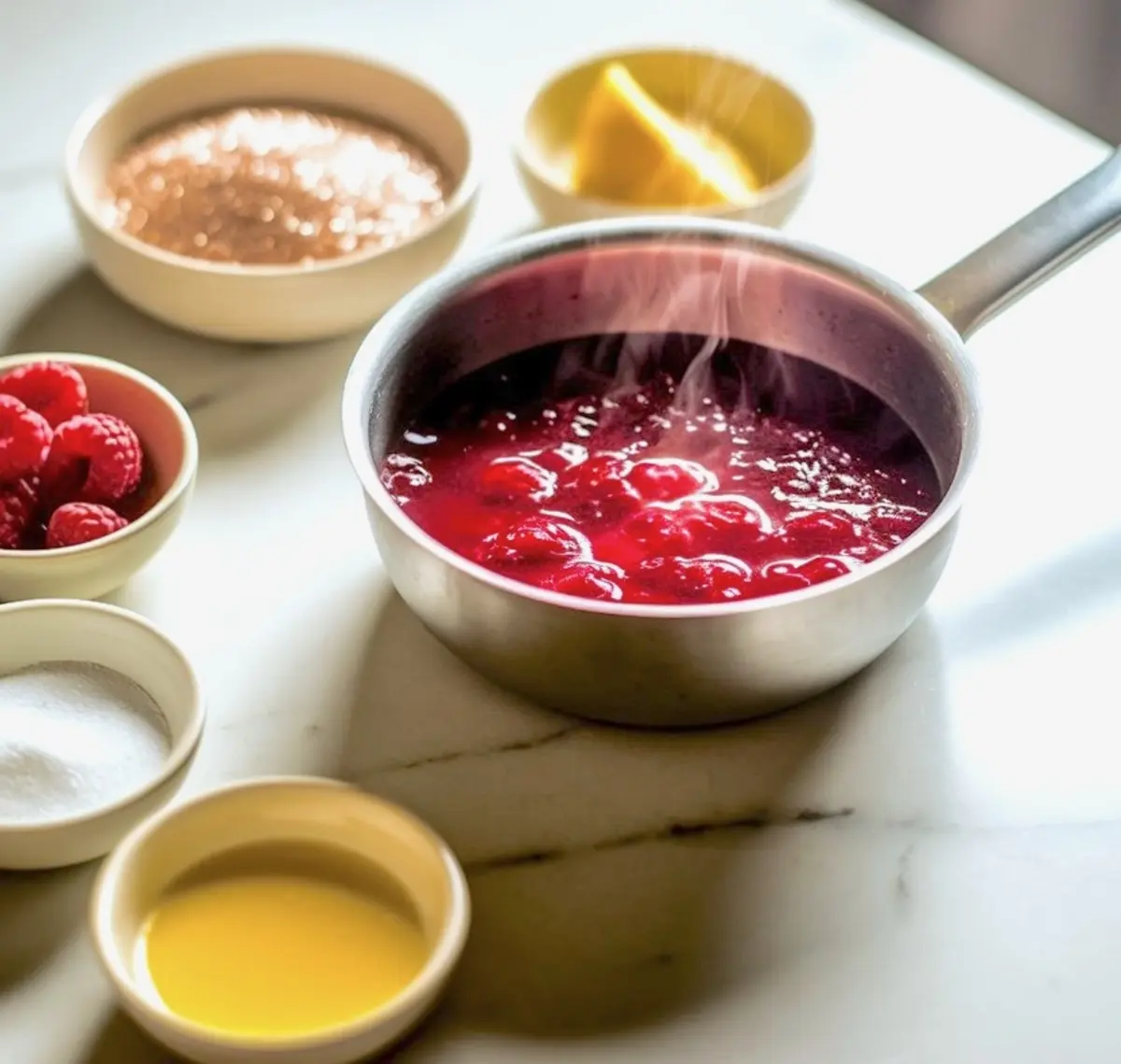 Saucepan with simmering raspberry compote, surrounded by fresh raspberries, sugar, lemon, and other ingredients, prepared for the chocolate raspberry cheesecake domes filling.
