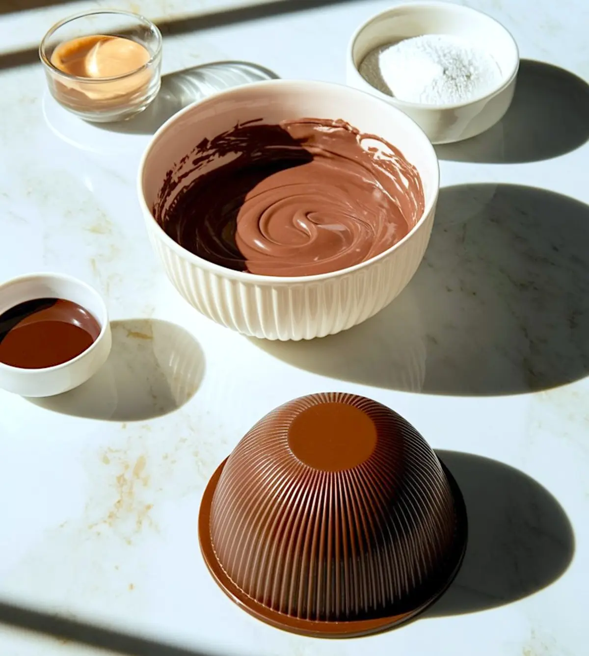 Baking setup with bowls containing melted chocolate, powdered sugar, caramel sauce, and a dome-shaped silicone mold on a white marble surface under natural light.
