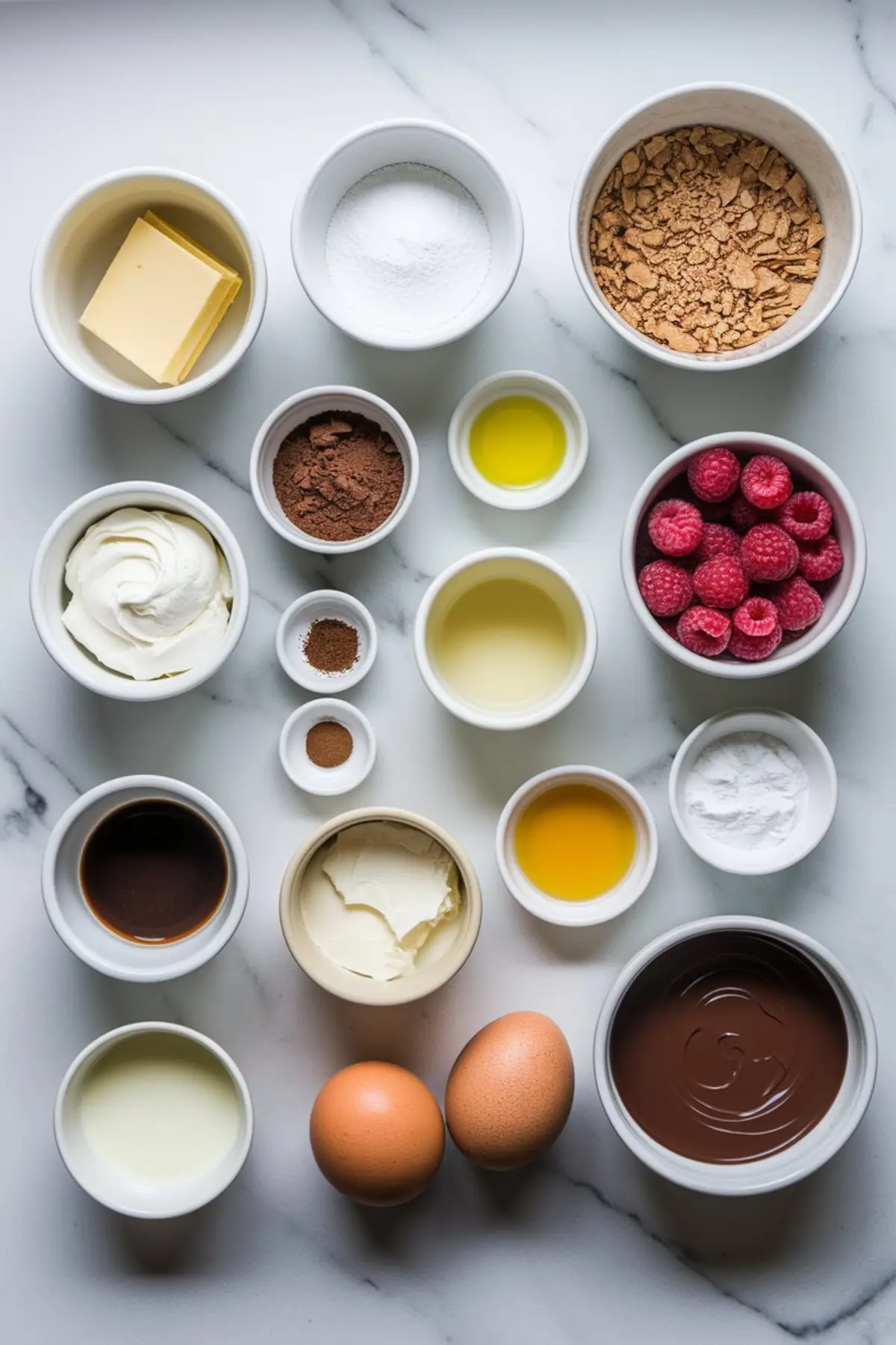 Overhead view of measured ingredients for chocolate raspberry cheesecake domes, including cream cheese, raspberries, butter, eggs, cocoa powder, chocolate, sugar, and various liquids in small bowls.
