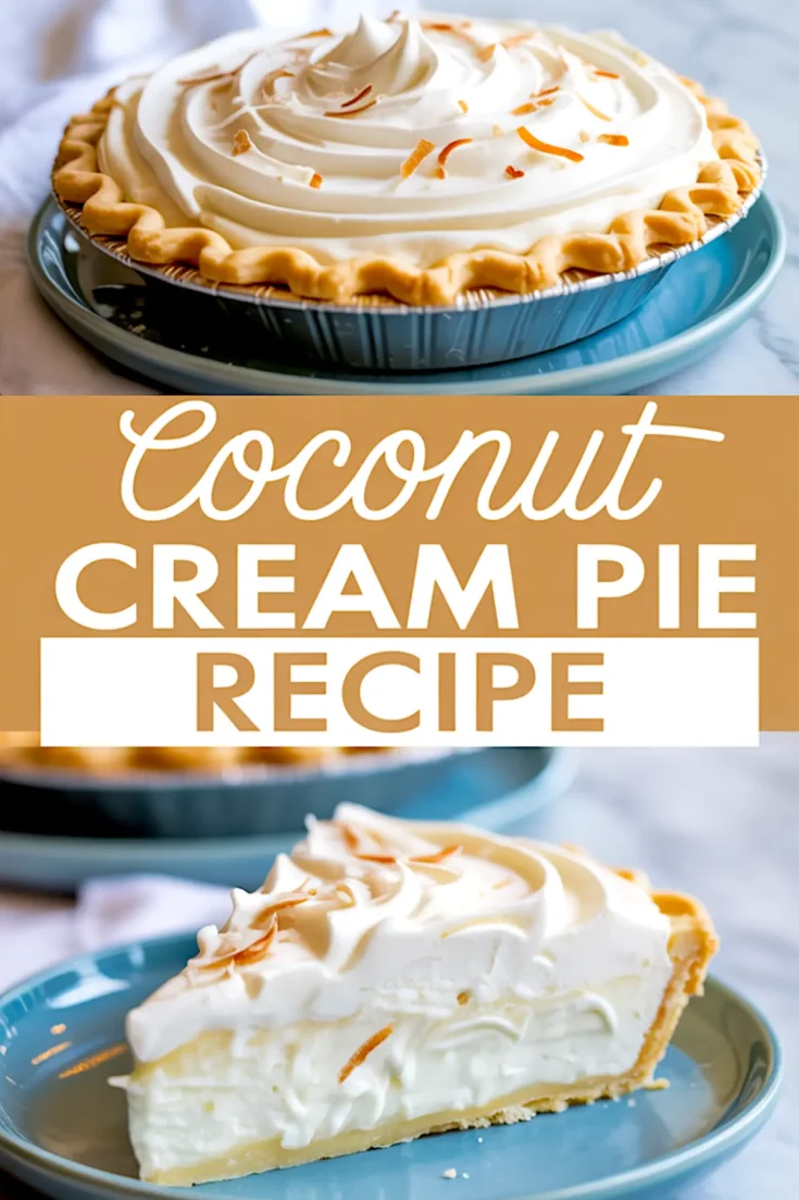 Collage showing a whole coconut cream pie with whipped topping and toasted coconut flakes in a fluted crust above a close-up of a slice served on a blue plate, with bold recipe text overlay.
