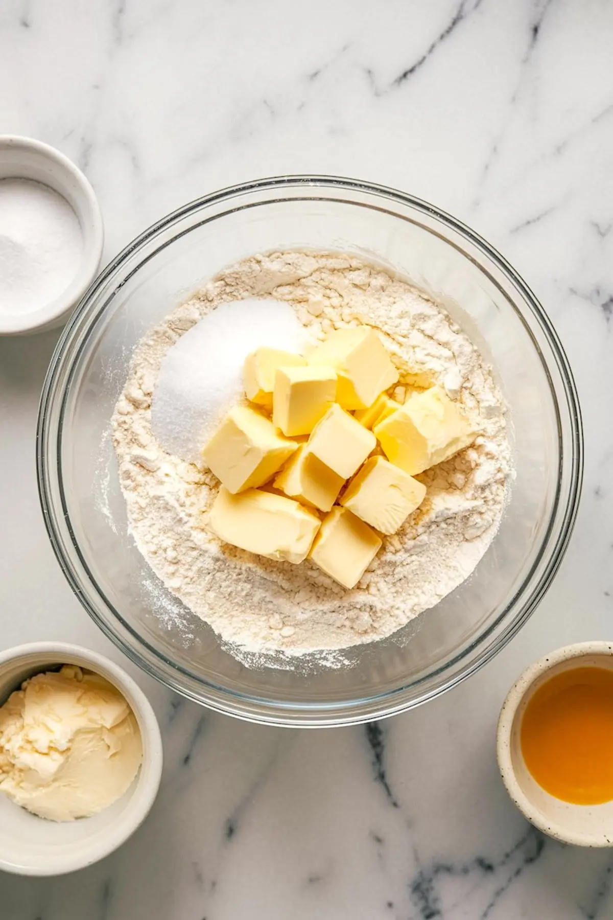 Mixing bowl filled with flour, granulated sugar, and cubed butter, surrounded by small bowls containing salt, cream, and an egg yolk on a white marble surface.