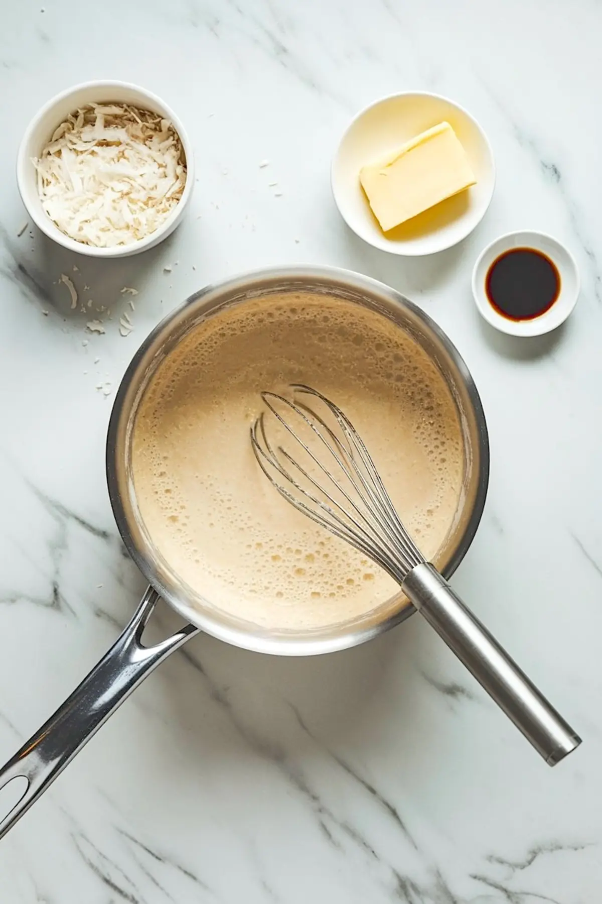 Overhead view of a saucepan filled with creamy coconut custard being whisked on a marble countertop, surrounded by small bowls of shredded coconut, butter, and vanilla extract.