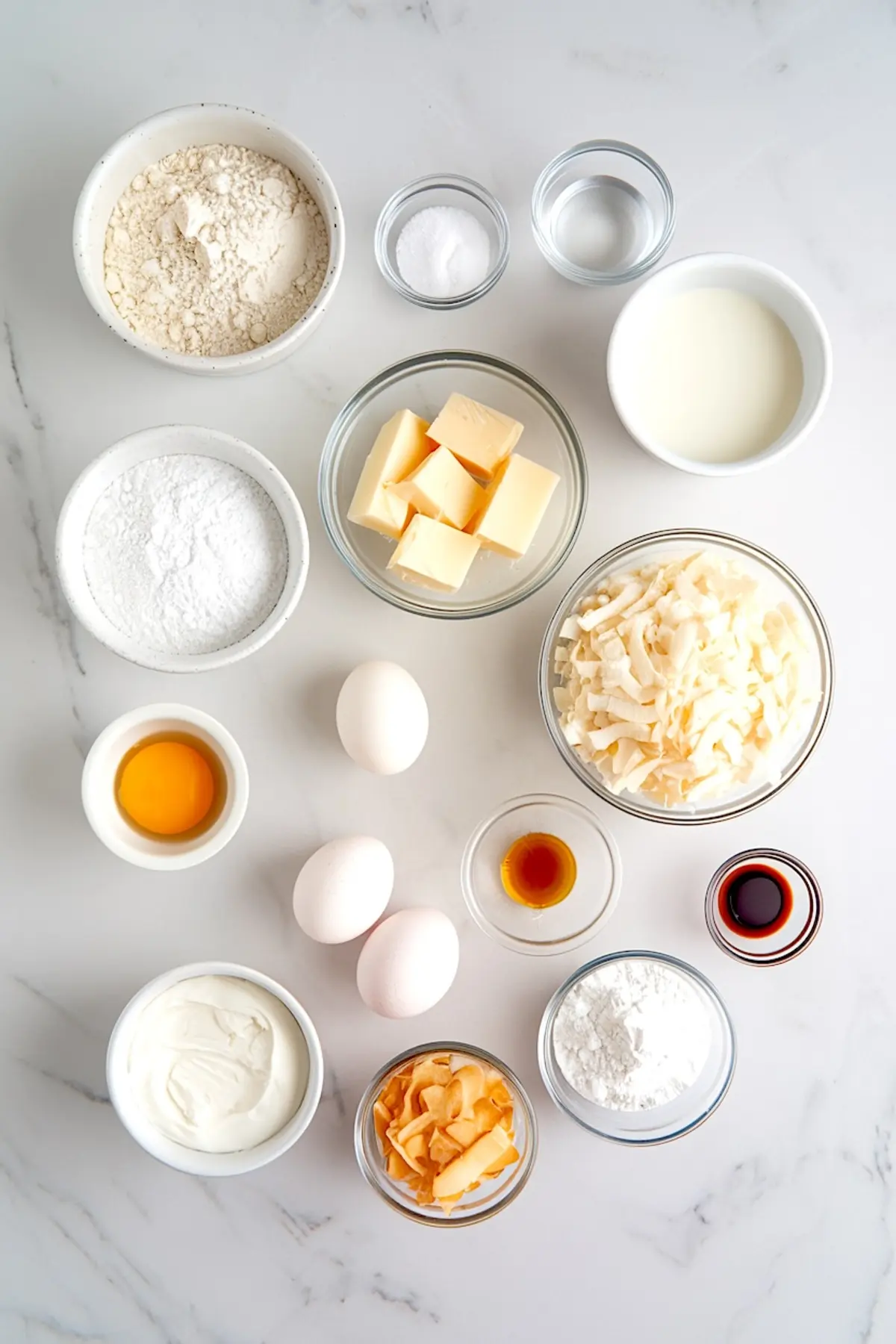 Flat lay of baking ingredients for coconut cream pie including flour, powdered sugar, shredded coconut, eggs, vanilla, butter cubes, sour cream, and various extracts in clear and ceramic bowls on a white marble surface.