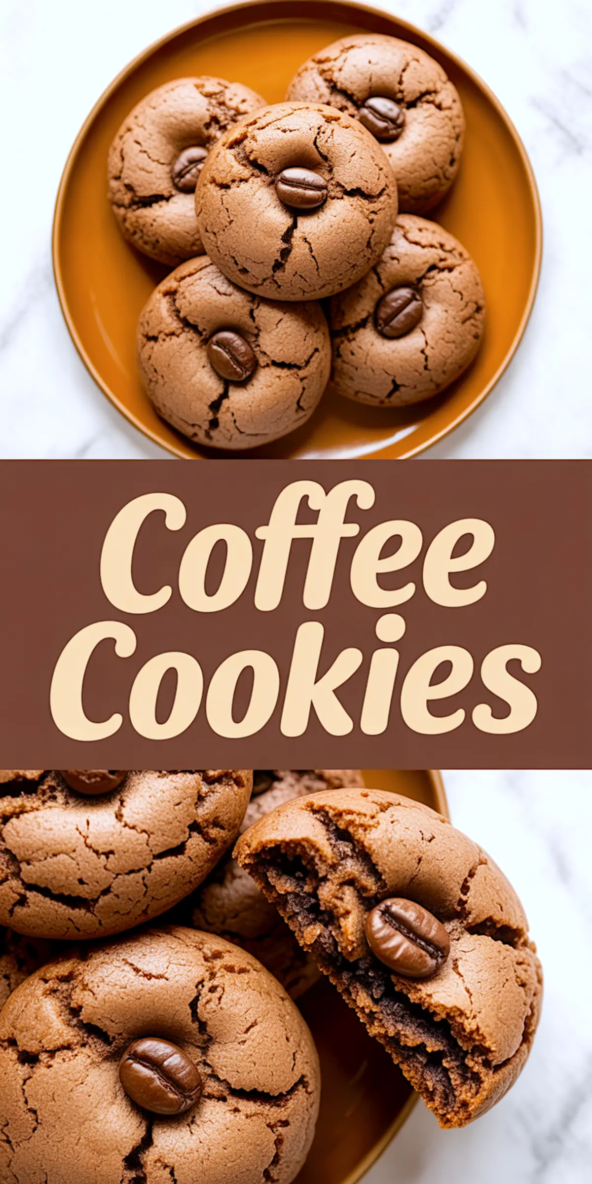 Collage of coffee cookies displayed on a brown plate, with whole coffee beans placed in the center of each cookie, accompanied by the text “Coffee Cookies,” highlighting the rich, coffee-flavored dessert.