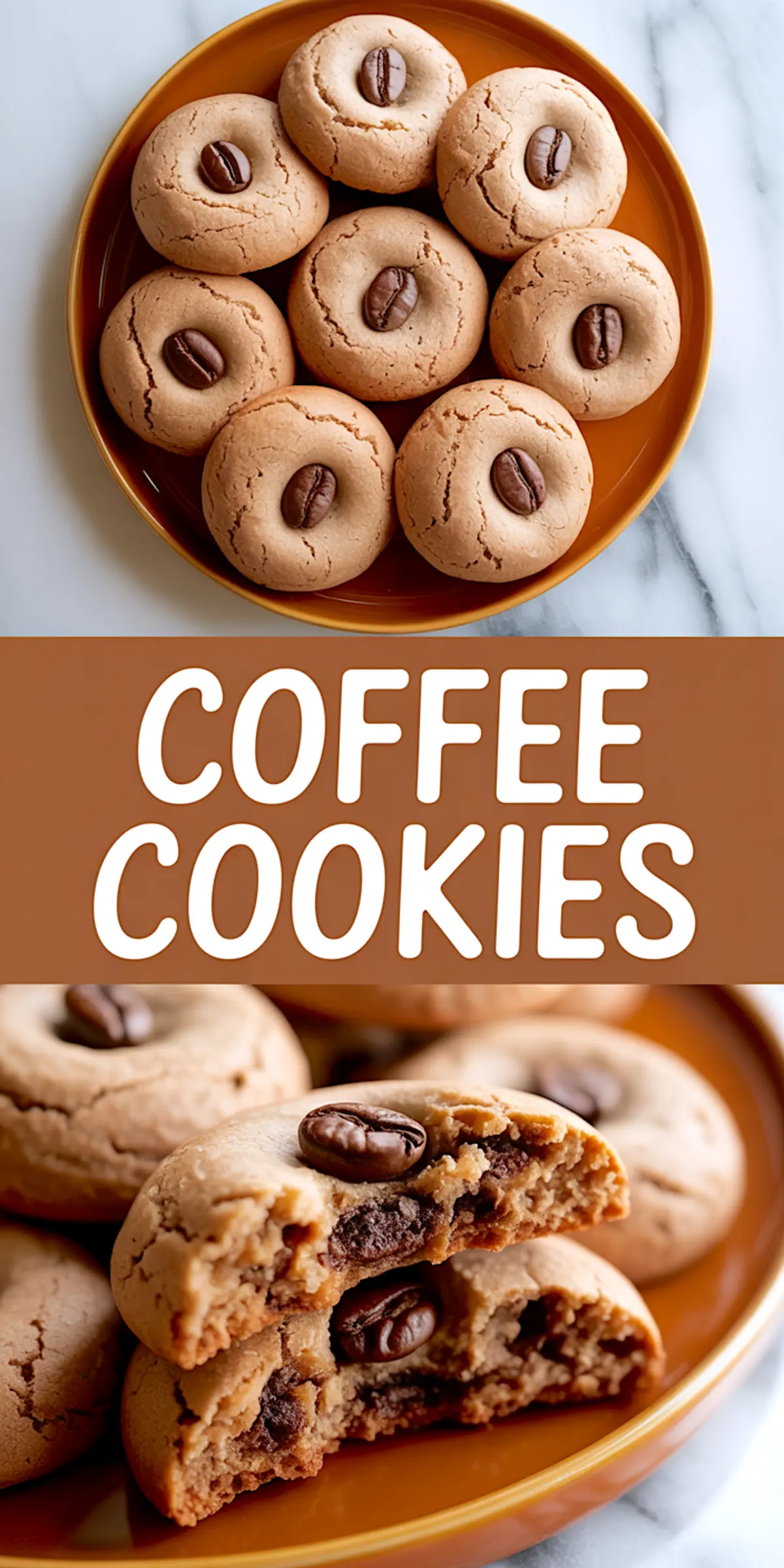 Collage of coffee cookies displayed on a brown plate, with whole coffee beans placed in the center of each cookie, accompanied by the text “Coffee Cookies,” highlighting the rich, coffee-flavored dessert.