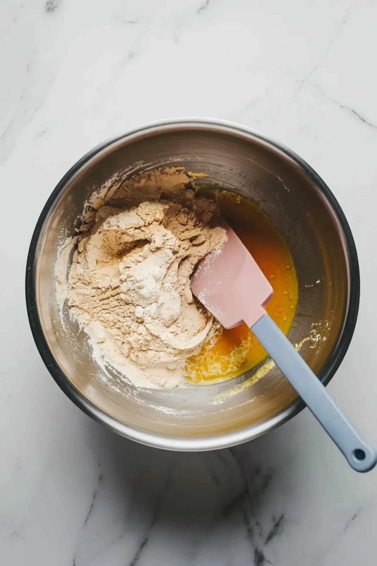 A stainless steel mixing bowl with flour and wet ingredients partially combined, showing the beginning stages of mixing cookie dough with a pink silicone spatula.