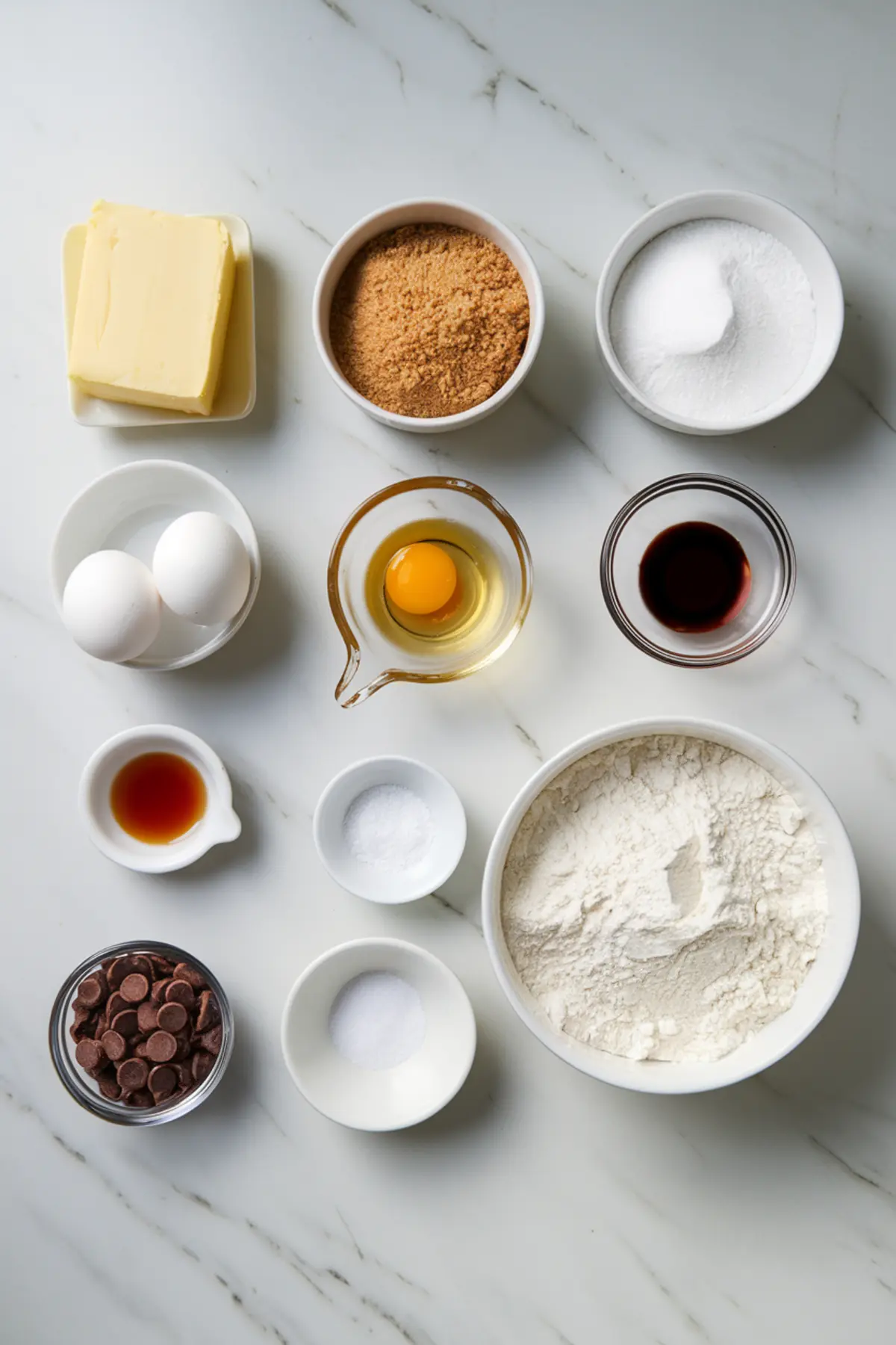 Various baking ingredients arranged on a white marble surface, including butter, brown sugar, granulated sugar, eggs, vanilla extract, flour, baking powder, salt, and chocolate chips, ready for making coffee cookies.