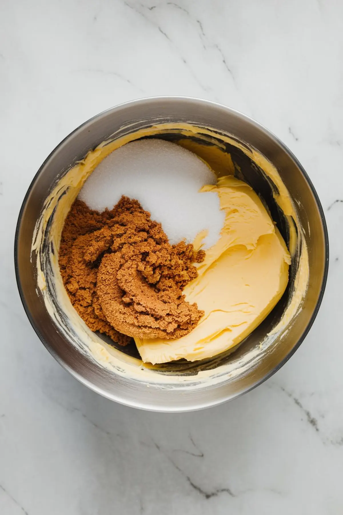Creamed butter, brown sugar, and granulated sugar in a metal mixing bowl, prepared as part of the cookie dough process for coffee cookies.