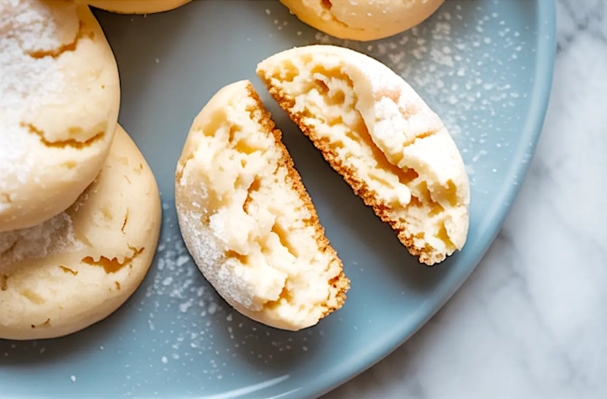 Close-up of a halved cream cheese cookie on a blue plate. The cookie shows a fluffy, moist interior with a lightly golden bottom, surrounded by whole cookies dusted with powdered sugar.
