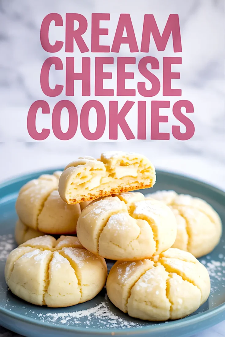 Collage image of cream cheese cookies. The top half shows the text “Cream Cheese Cookies” in bold pink letters. The bottom half displays a stack of cookies on a blue plate with one cookie cut open, revealing a soft, creamy center and a light dusting of powdered sugar.