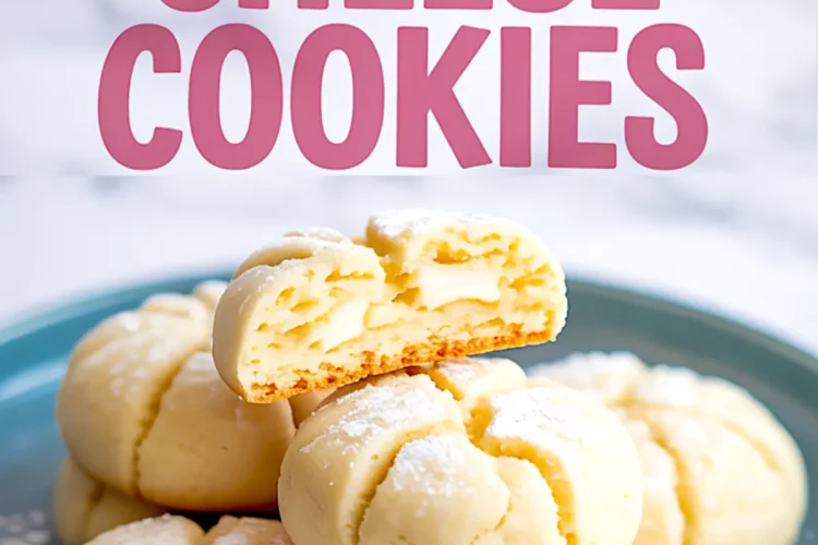 Collage image of cream cheese cookies. The top half shows the text “Cream Cheese Cookies” in bold pink letters. The bottom half displays a stack of cookies on a blue plate with one cookie cut open, revealing a soft, creamy center and a light dusting of powdered sugar.