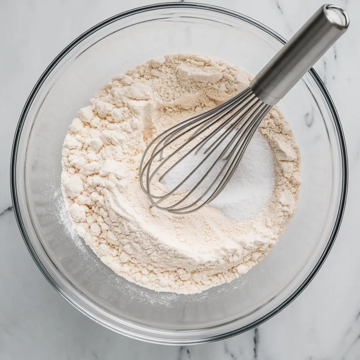 Dry ingredients for cream cheese cookies in a clear glass bowl with a metal whisk. The flour mixture includes sugar and baking powder, sitting on a marble surface.
