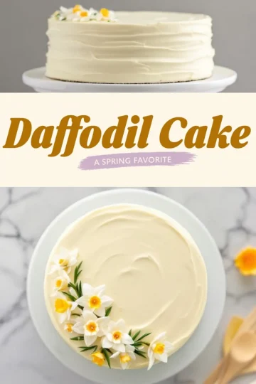 Collage image of a daffodil cake featuring smooth white frosting and yellow-centered daffodil flowers. Text overlay reads “Daffodil Cake A Spring Favorite.” Cake is presented on a white cake stand over a marble surface.