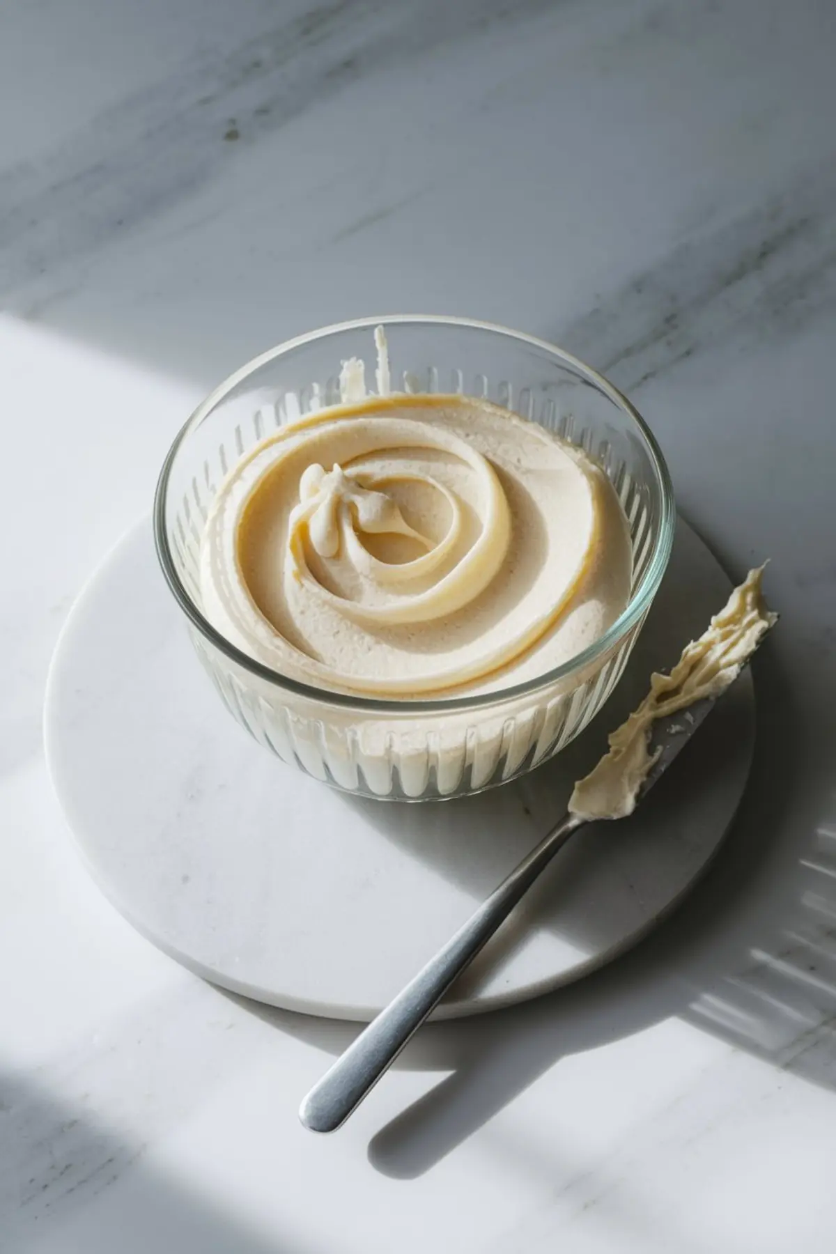 Glass bowl filled with creamy, swirled frosting on a round white marble board. A butter knife with frosting rests beside the bowl on a white marble surface.
