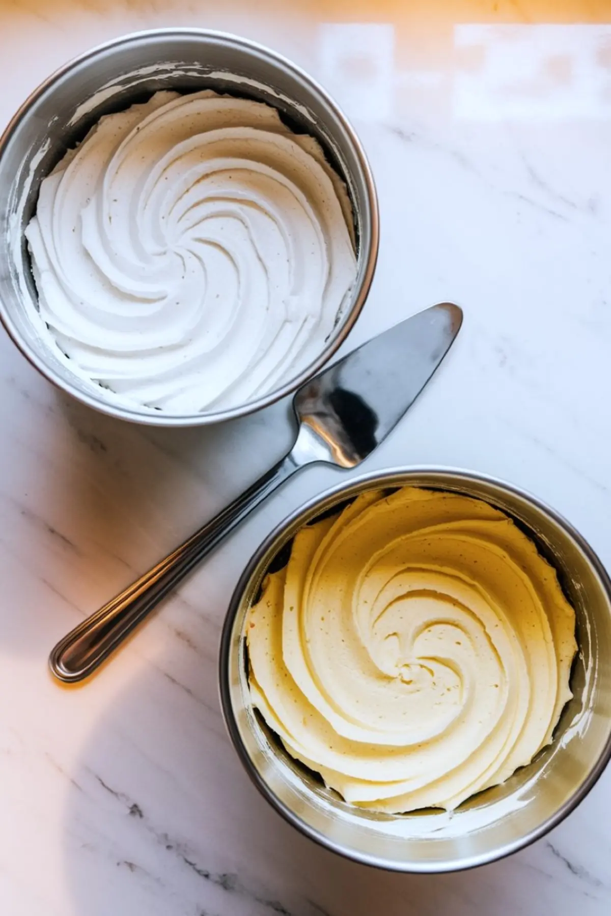Two metal mixing bowls filled with swirled frosting, one white and one yellow, with a metal spatula placed between them on a white marble countertop.

