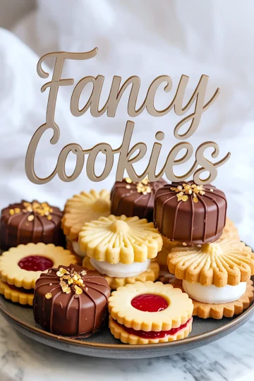 Decorative plate filled with assorted sandwich cookies, including chocolate-dipped, jam-filled, and cream-filled cookies, topped with edible gold flakes and a “Fancy Cookies” sign in the background.