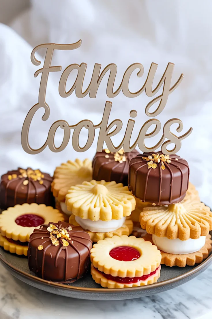 Decorative plate filled with assorted sandwich cookies, including chocolate-dipped, jam-filled, and cream-filled cookies, topped with edible gold flakes and a “Fancy Cookies” sign in the background.