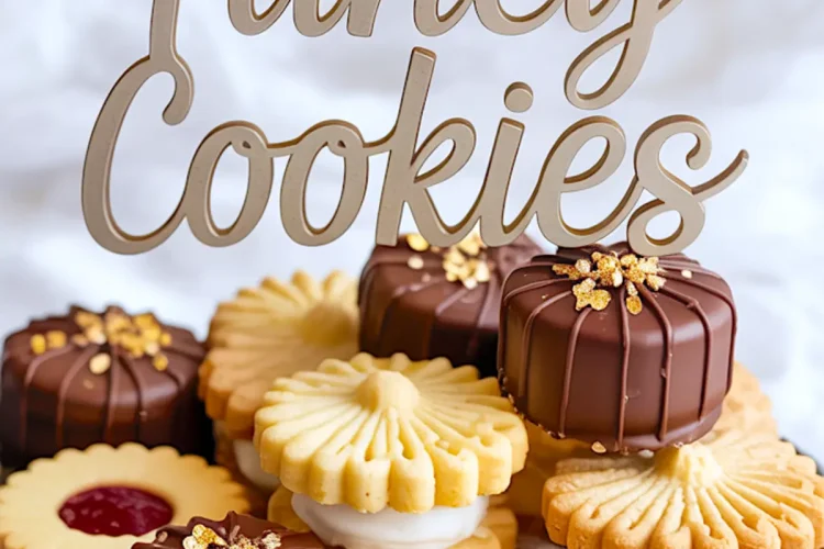 Decorative plate filled with assorted sandwich cookies, including chocolate-dipped, jam-filled, and cream-filled cookies, topped with edible gold flakes and a “Fancy Cookies” sign in the background.