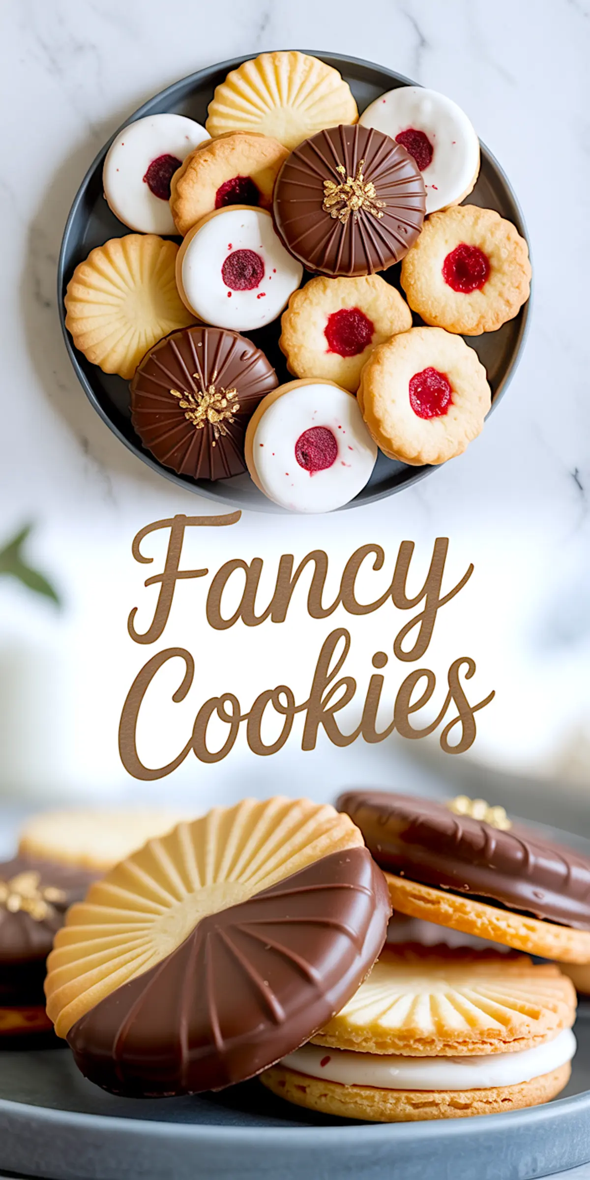 Round sandwich cookies with chocolate-dipped tops, jam centers, and smooth white icing displayed on a plate, with “Fancy Cookies” text and a close-up of layered vanilla cream cookies.