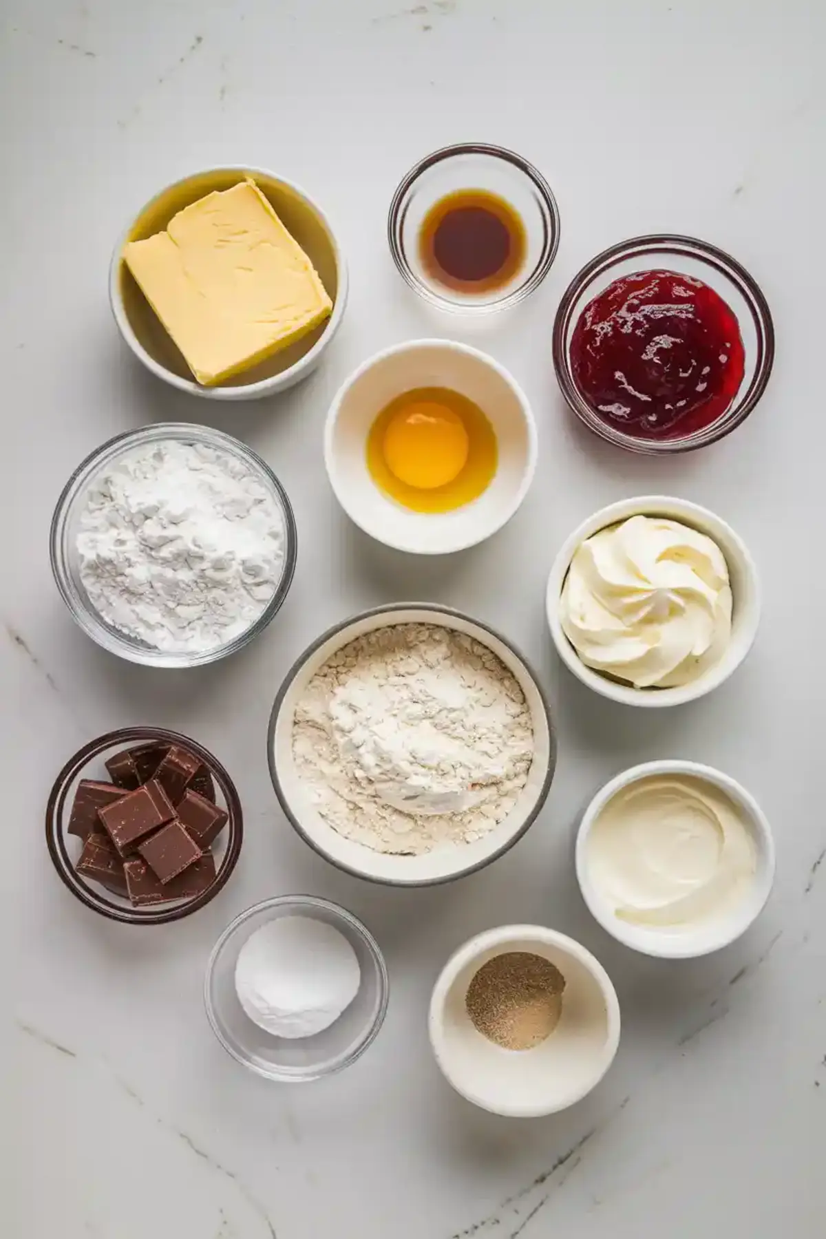 Overhead view of baking ingredients including butter, egg yolk, flour, chocolate, powdered sugar, sour cream, and vanilla extract arranged in white and glass bowls.