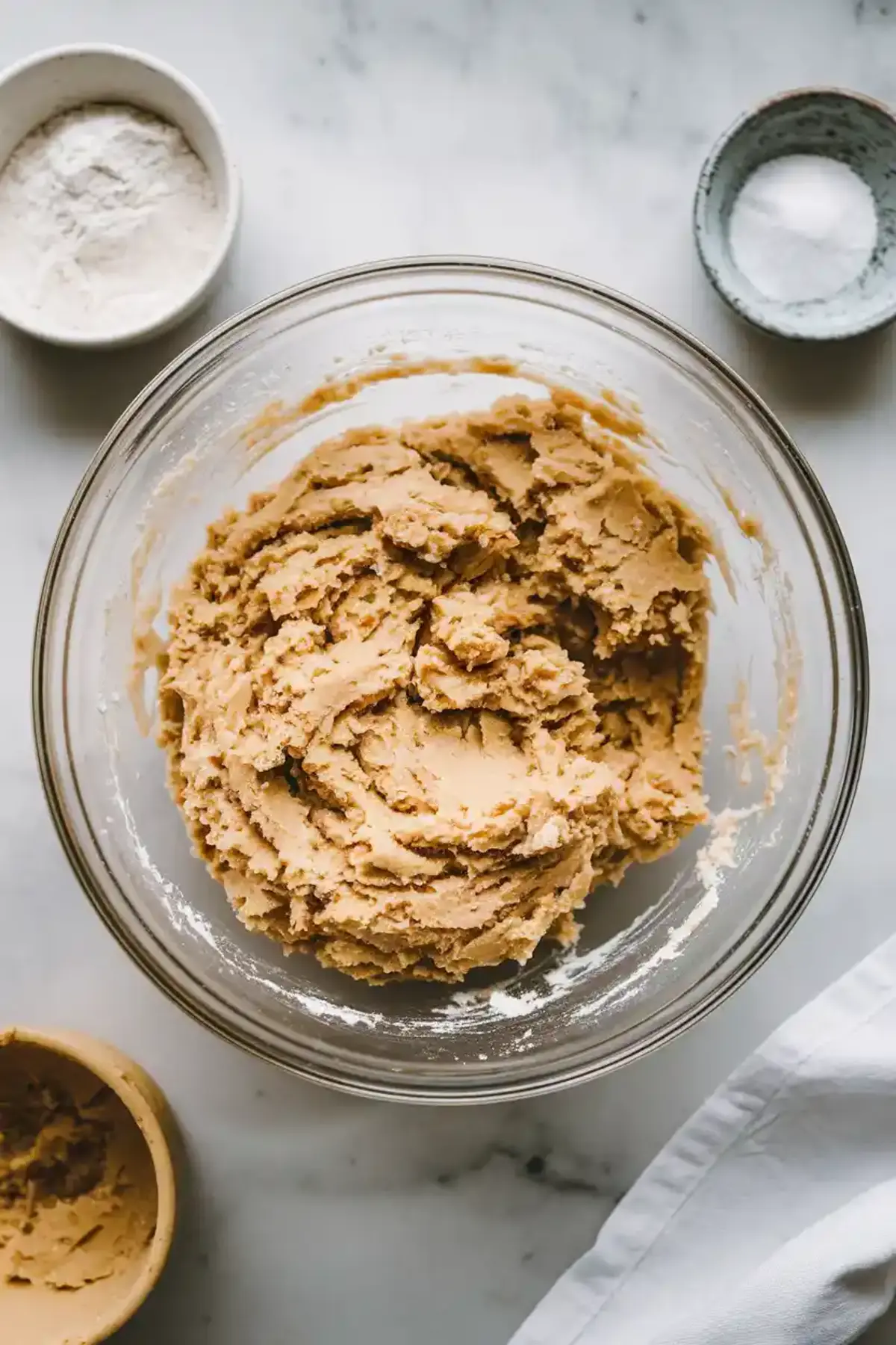Thick, creamy cookie dough mixed in a large glass bowl, surrounded by small bowls of flour and salt on a marble surface.