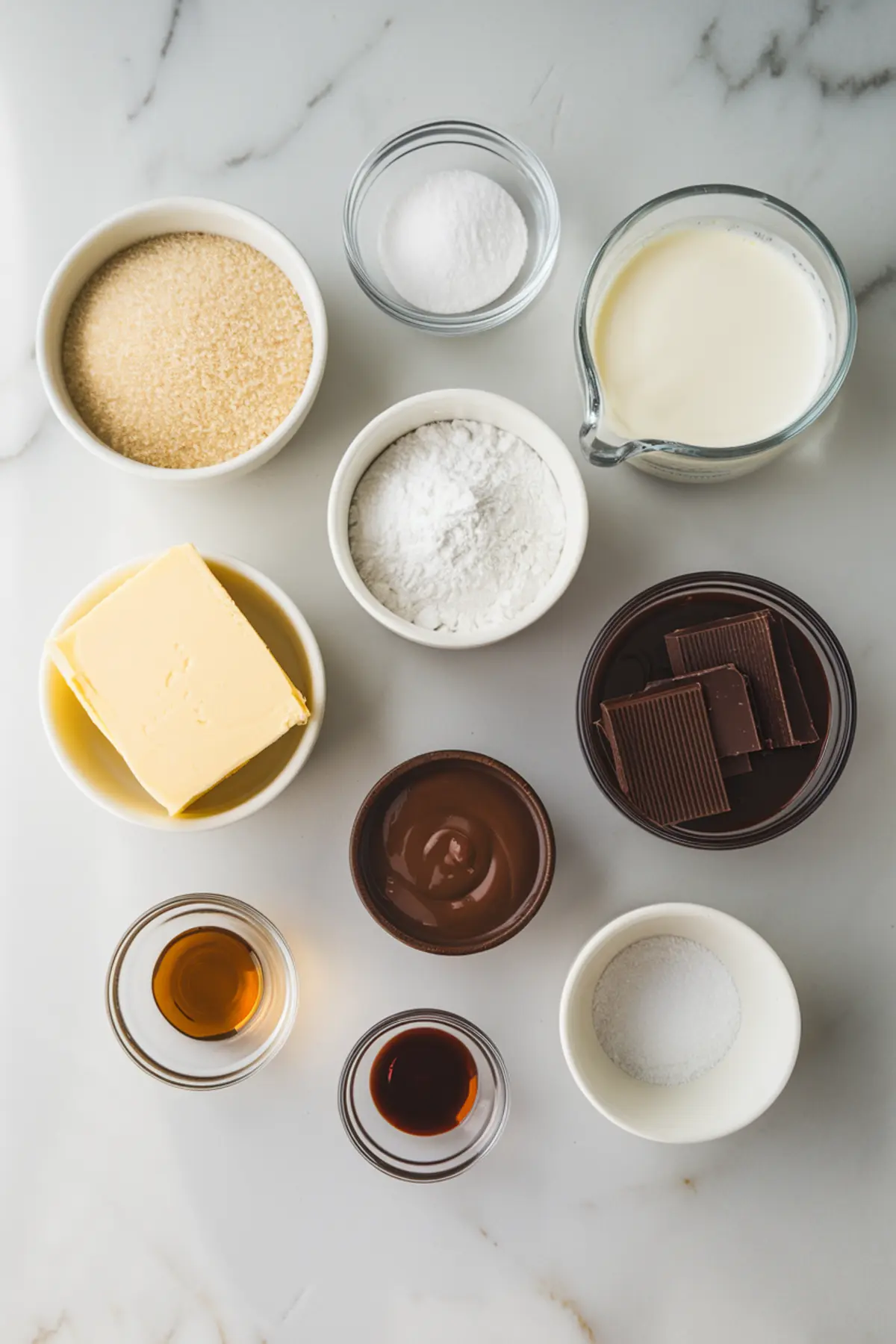 Overhead view of ingredients for French silk pie including dark chocolate, butter, sugar, cream, cocoa, flour, and vanilla, arranged in white and glass bowls on a marble surface.