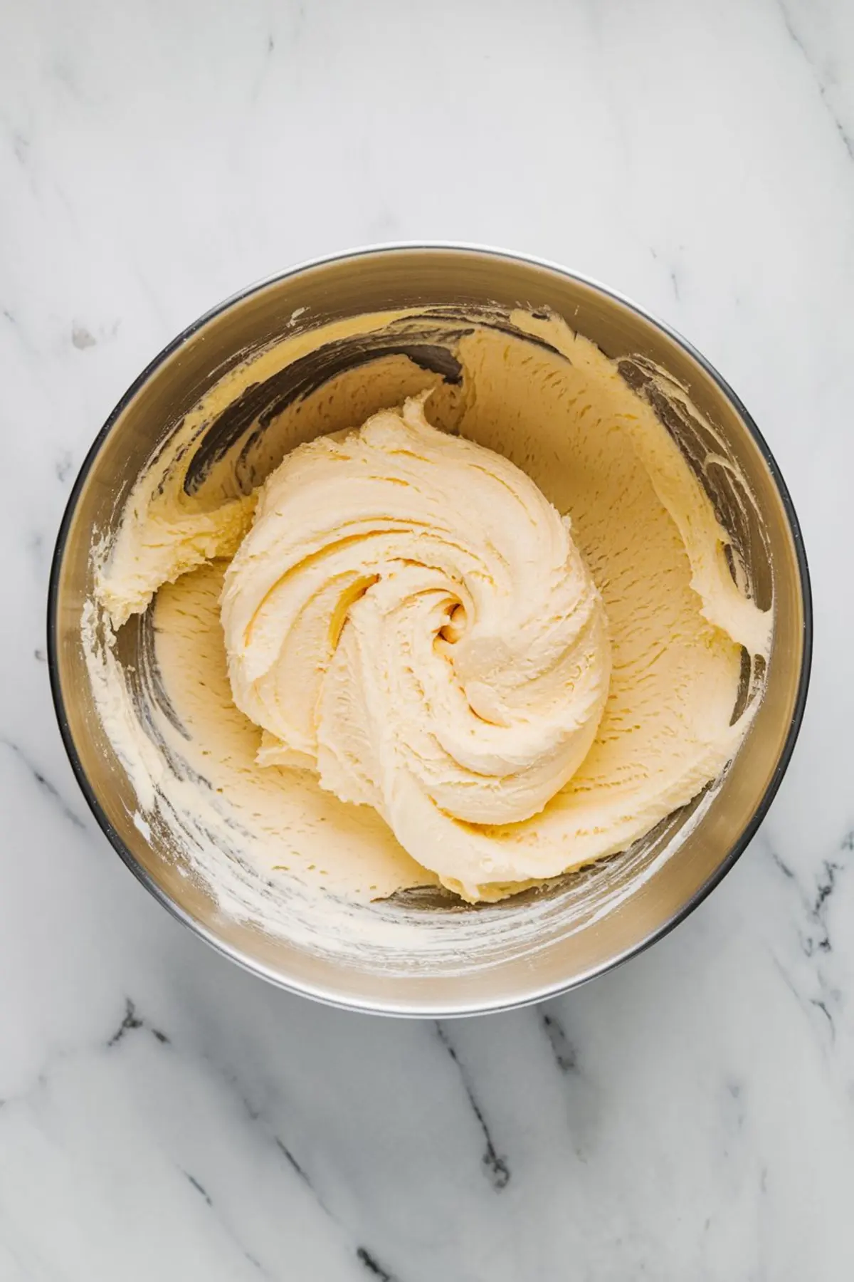 Large metal mixing bowl filled with smooth and creamy vanilla butter mixture, swirled in a circular motion on a marble countertop.