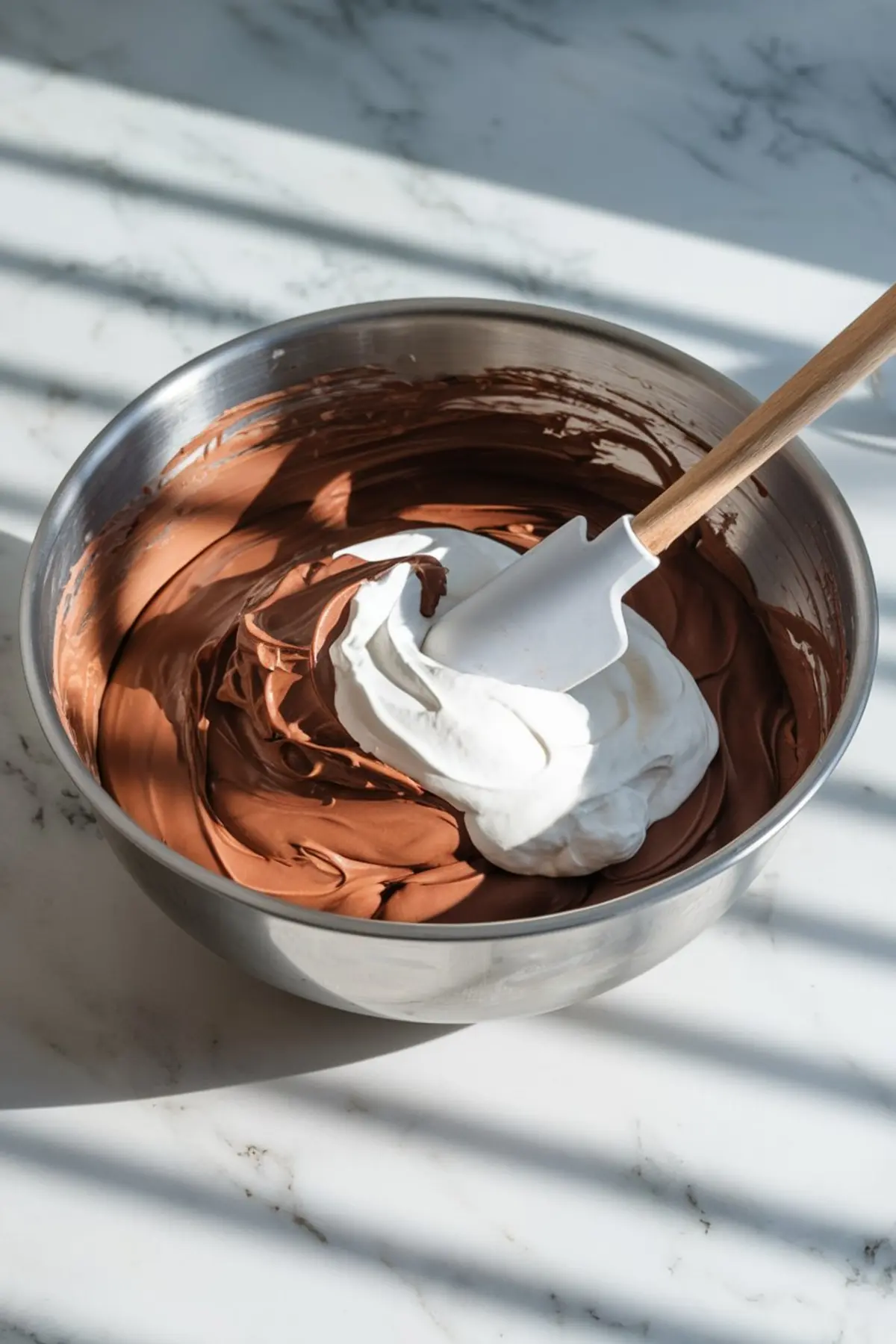 Stainless steel bowl holding glossy chocolate mousse being folded with whipped cream using a spatula, set under natural sunlight.