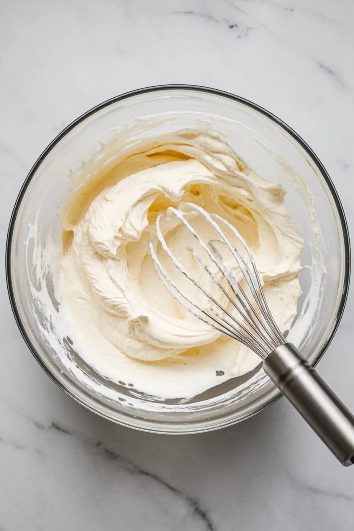 Whipped cream in a glass bowl with a wire whisk, showing soft peaks and airy texture, ready for dessert preparation on a marble countertop.