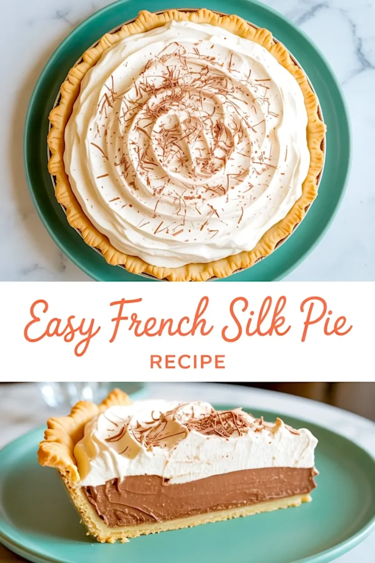 Overhead image of French silk pie topped with piped whipped cream and chocolate shavings, set on a teal plate, with a slice below showing creamy chocolate filling and buttery crust.