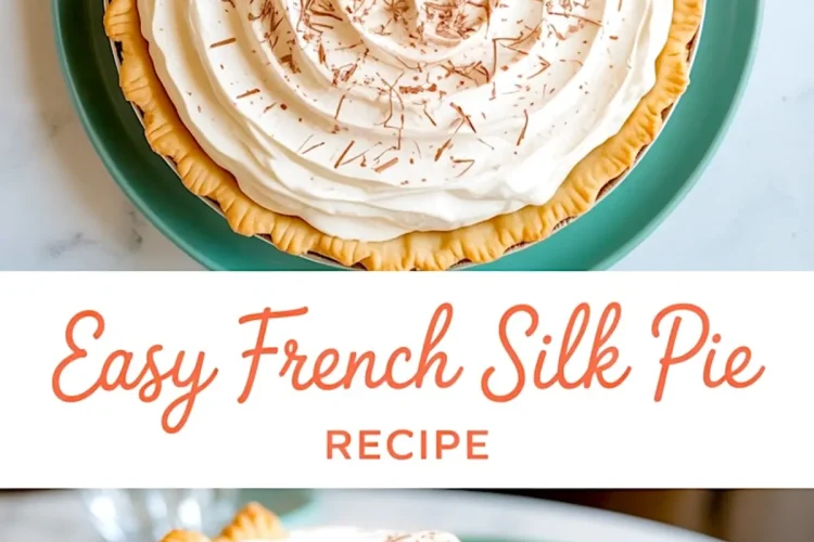 Overhead image of French silk pie topped with piped whipped cream and chocolate shavings, set on a teal plate, with a slice below showing creamy chocolate filling and buttery crust.