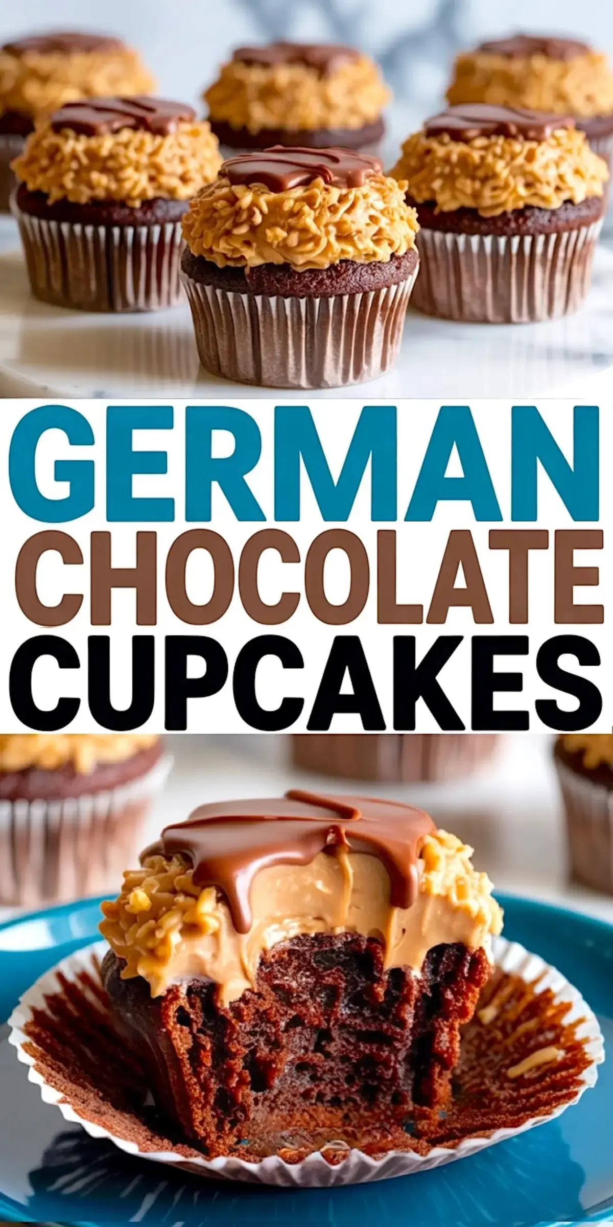 Collage image showcasing German chocolate cupcakes with rich chocolate bases topped with golden coconut pecan frosting and smooth chocolate ganache, including a close-up of a halved cupcake revealing a moist interior and creamy filling on a blue plate.