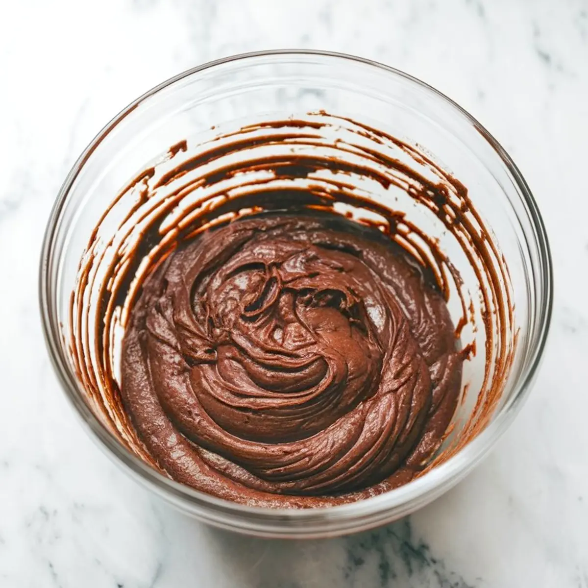Thick chocolate cake batter in a clear glass bowl with swirls along the sides, sitting on a marble countertop.