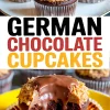 Collage image with text overlay reading “German Chocolate Cupcakes” and a split cupcake on a yellow plate showing dense chocolate crumb and melted ganache topping.