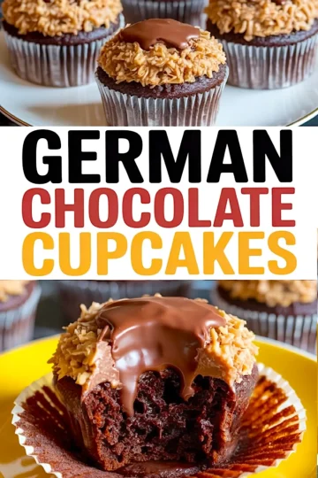 Collage image with text overlay reading “German Chocolate Cupcakes” and a split cupcake on a yellow plate showing dense chocolate crumb and melted ganache topping.