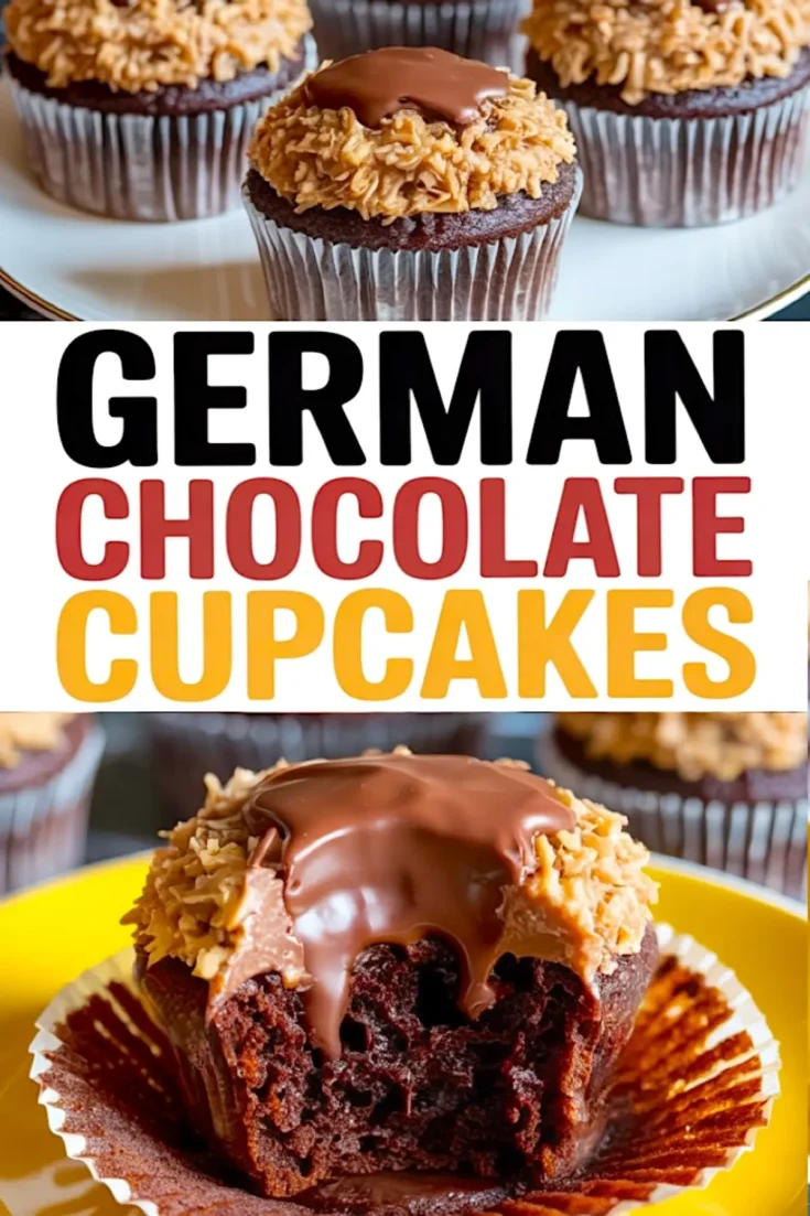 Collage image with text overlay reading “German Chocolate Cupcakes” and a split cupcake on a yellow plate showing dense chocolate crumb and melted ganache topping.