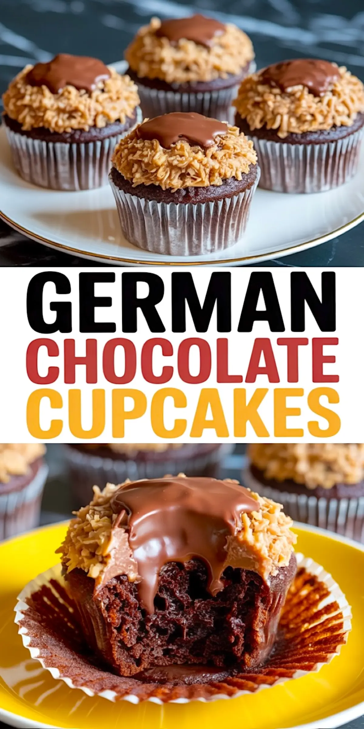 Collage image with text overlay and plated cupcakes featuring caramel coconut topping and chocolate centers on a yellow plate.