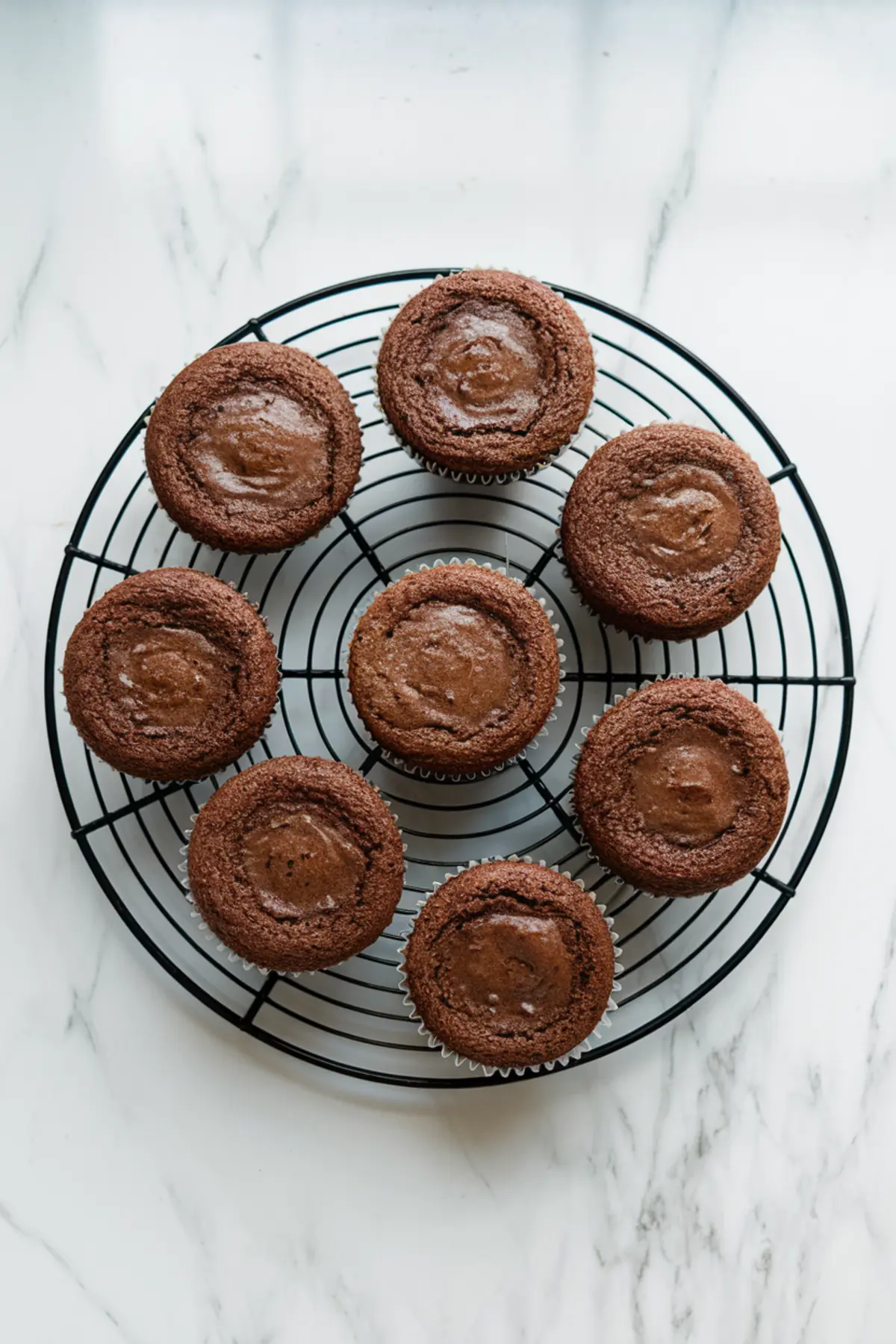 Eight baked chocolate cupcakes arranged on a round black cooling rack, showing domed tops with a rich cocoa color.