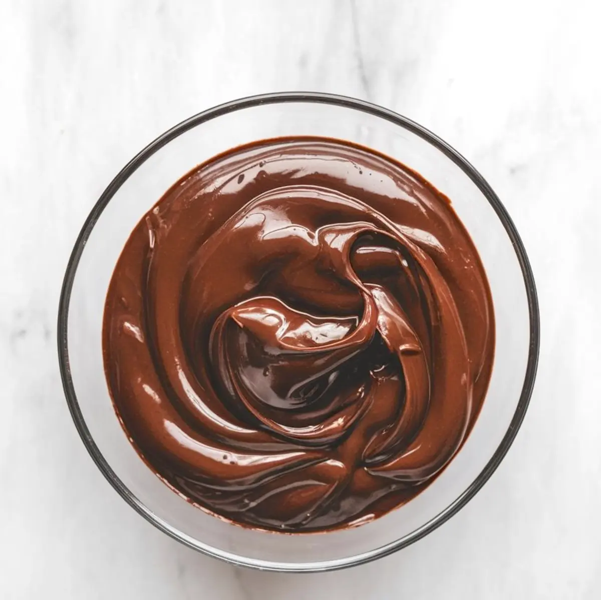 Bowl of glossy chocolate ganache with thick, smooth swirls on a white marble background.