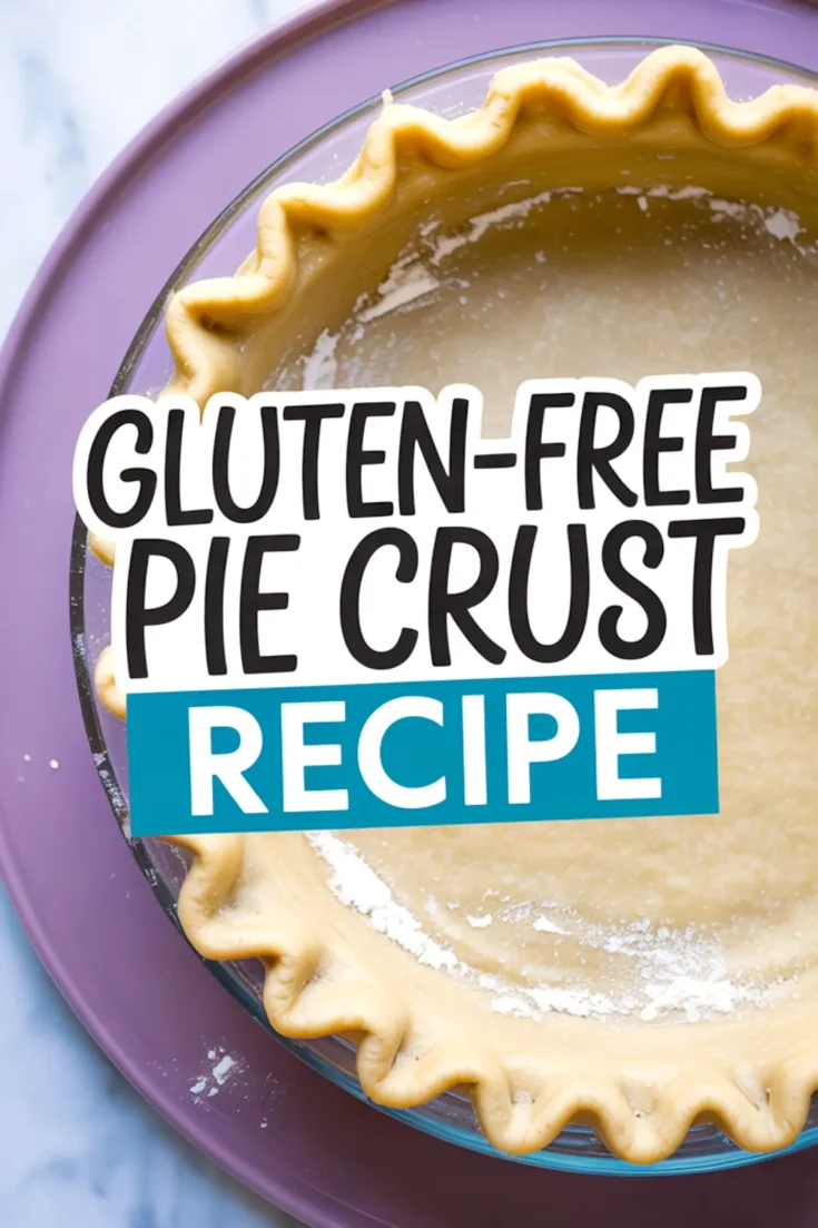 Close-up of an unbaked gluten-free pie crust in a glass pie dish with decorative crimped edges, text overlay reading “Gluten-Free Pie Crust Recipe” in bold font.