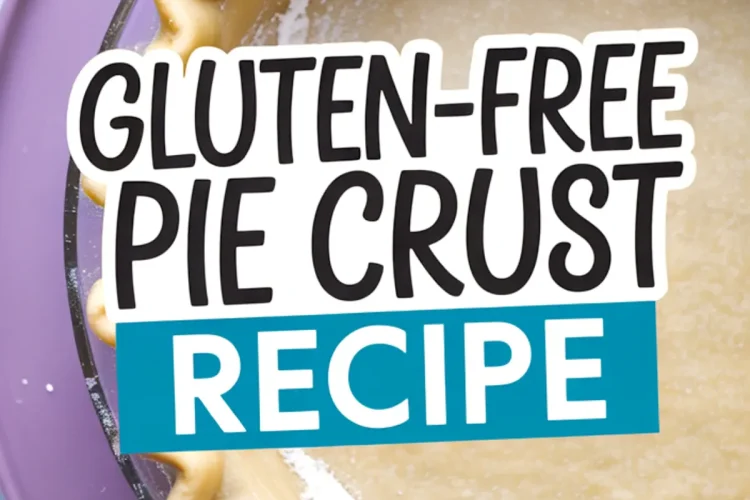 Close-up of an unbaked gluten-free pie crust in a glass pie dish with decorative crimped edges, text overlay reading “Gluten-Free Pie Crust Recipe” in bold font.